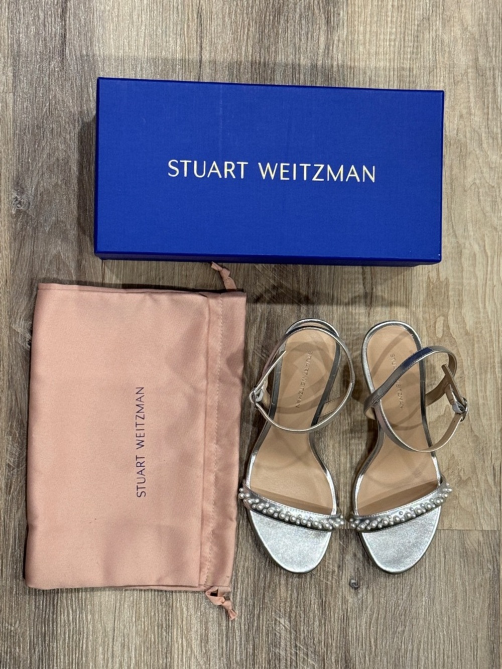 Stuart Weitzman Silver Pearl-Adorned Ankle-Strap 75 Sandals